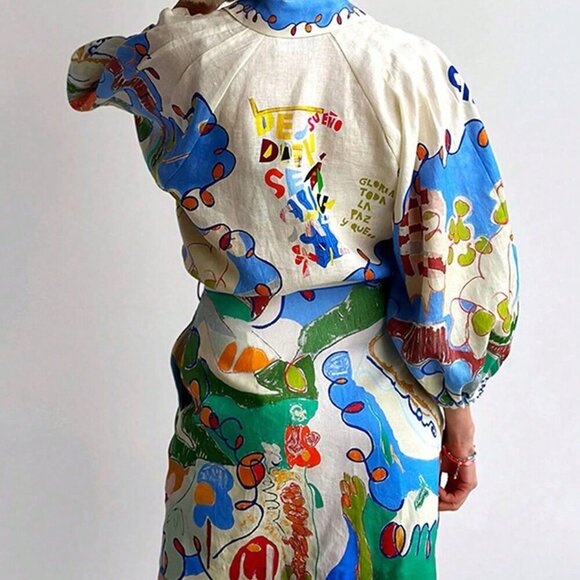 Multicolor Bohemian Women's Casual Printed Shirt Cardigan Tie Dress - Picture 2 of 6